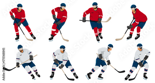Set of male ice hockey players wearing red and white uniforms, cartoon style on white background. Concept of winter sport athletes. Vector illustration