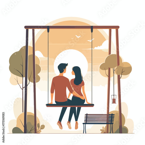 A couple sitting on a swing with a simple and minimalist flat design using a white background
