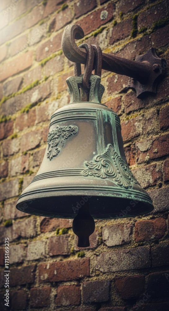 Fototapeta premium Antique Bronze Bell Displaying Ornate Carvings on an Old Brick Wall