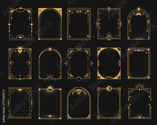Collection of ornate golden mystical frame designs featuring moon, stars, and sun motifs in linear graphic style on black background. Vector illustration