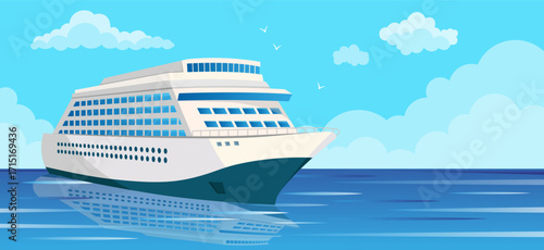 Large modern cruise ship floating on blue sea, flat style, with sky and clouds in background. Concept of travel and vacation. Vector illustration