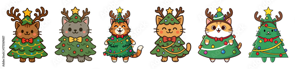 Fototapeta premium Christmas cat characters set including various tree costumes, antlers, and festive decor isolated. Holiday season illustrations.