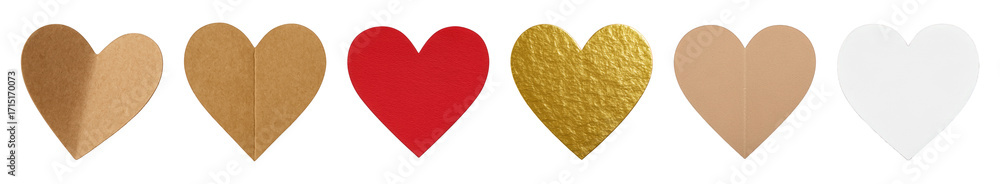 Obraz premium Decorative heart set including kraft folded, flat kraft, red textured, gold foil, beige folded, and white hearts isolated. Love and romance design elements.