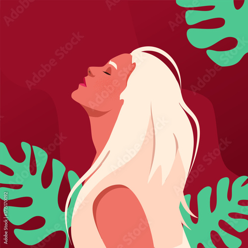 Woman with long blonde hair and closed eyes in profile with tropical leaves, flat style, red background. Concept of peace and relaxation. Vector illustration