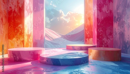 Vibrant colorful columns and podiums in a sunlit desert landscape