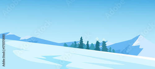 Snow-covered mountains with pine trees in the foreground, flat graphic style, blue sky background. Concept of winter nature. Vector illustration