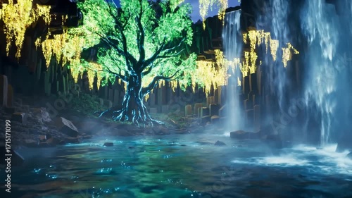 Majestic Waterfall Adventure, Enchanted Tree, Serene Lake, Nature Illustration, Lush Environment, Vibrant Concept