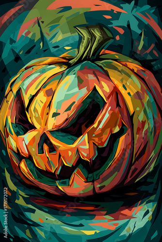A vibrant, artistic depiction of a sinister Halloween pumpkin surrounded by abstract colors