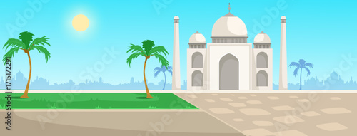 Famous Indian monument Taj Mahal with palm trees in flat style on a bright blue background. Concept of travel and heritage. Vector illustration