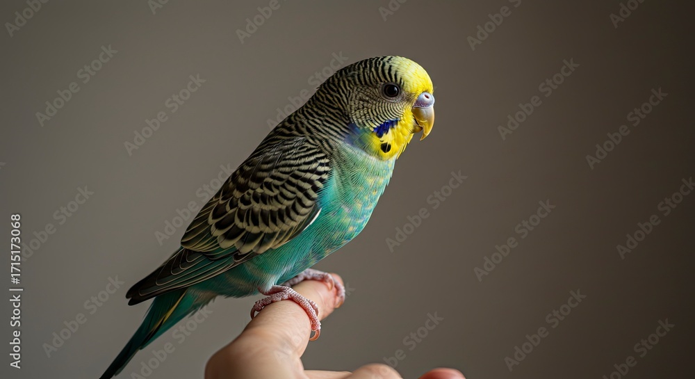 Fototapeta premium Budgerigar Perched on Finger: Vibrant Plumage, Gentle Light, Close-Up Portrait