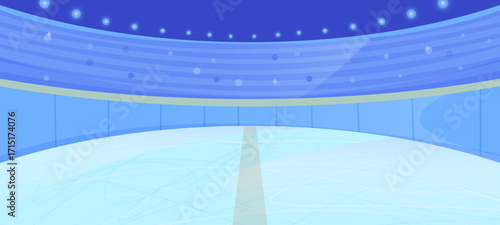 Indoor ice skating arena with glowing lights, abstract style, blue background, concept of sports or winter activity. Vector illustration
