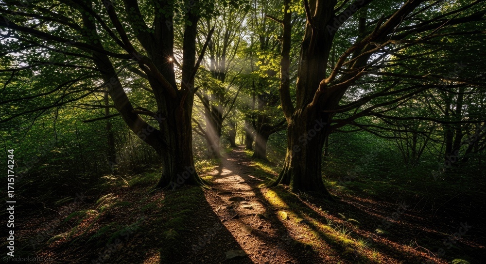 Fototapeta premium Sunlight streams through trees in a lush forest creating shadows.