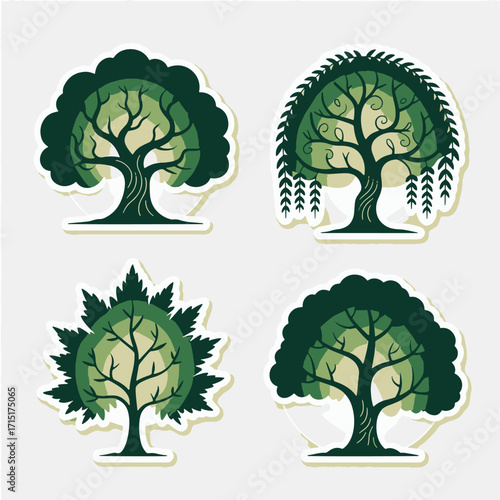 Four stylized green trees with decorative branches and leaves in a sticker format nature forest