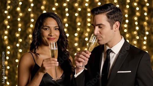 Cheers to Elegance: A sophisticated couple raises champagne flutes, immersed in a glamorous moment, illuminated by the subtle glow of festive lights. This image exudes elegance, romance.