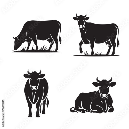 Four black silhouette cows in various poses on a white background cattle livestock