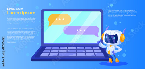 Cute robot chatbot standing beside laptop with colorful chat bubbles, flat cartoon style, blue background. Concept of AI communication. Vector illustration