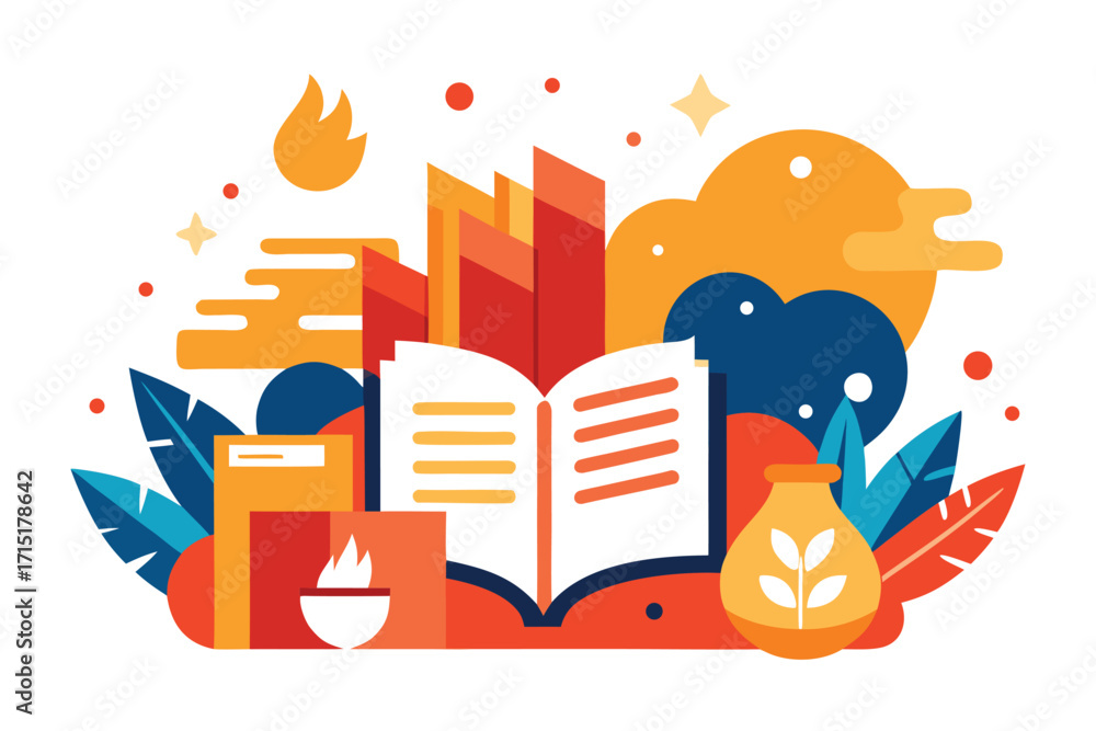Obraz premium Education and Knowledge Concept with Open Book, Flame, and Abstract Elements learning