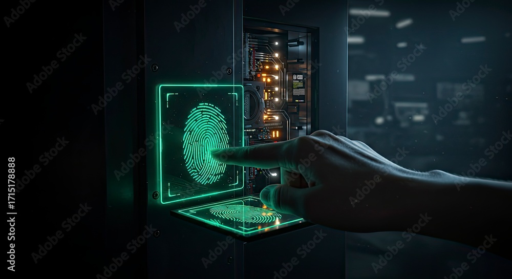 Fototapeta premium Futuristic Fingerprint Scan: Biometric Security Access, Glowing Green, Tech Concept.