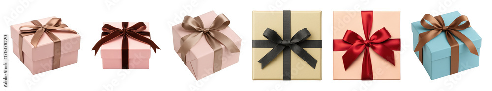 Fototapeta premium Assorted gift boxes set including various colors, sizes, and ribbons isolated. Celebration, holiday, and retail packaging.
