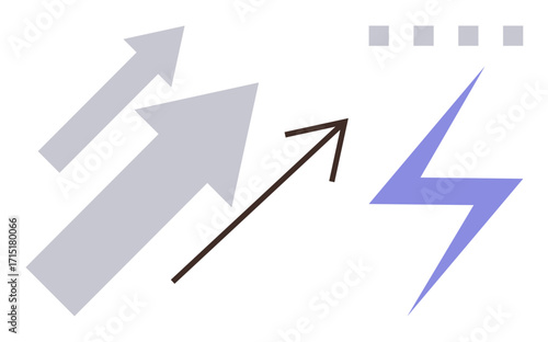 Bold arrows pointing upward alongside a lightning bolt and small dots, symbolizing growth, energy, direction, and breakthrough achievements. Ideal for innovation, technology, strategy, success