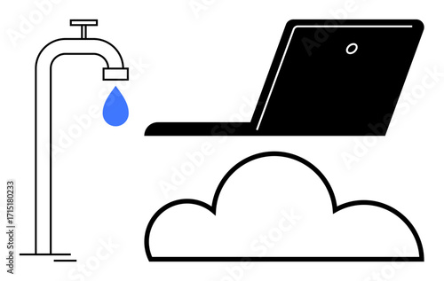 Laptop above cloud and water faucet with drop highlight data flow, connectivity, resource management. Ideal for technology, cloud storage, sustainability, efficiency, remote work, digital