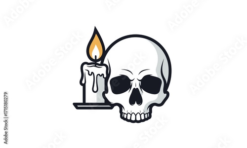 Cartoon Human Skull with a Lit, Dripping Wax Candle Illustration.