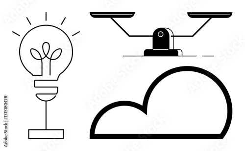 Lightbulb with sprouting stem, scale balancing, and cloud outline. Ideal for creativity, balance, technology, sustainability, innovation decision-making professionalism. Simple flat metaphor