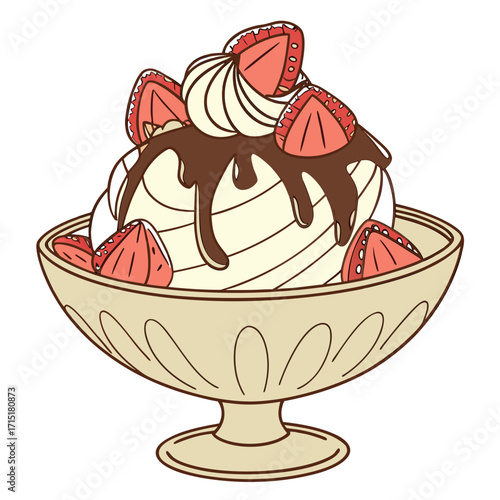 Vector art of a delightful ice cream sundae with vanilla ice cream, chocolate sauce, whipped cream, and fresh strawberries