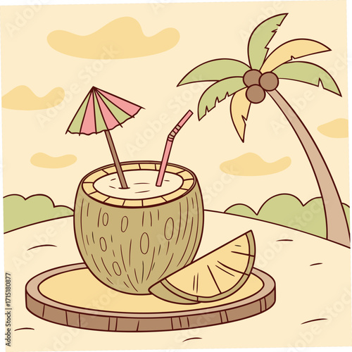 Vector art of a refreshing coconut cocktail on a tropical beach, perfect for a summer vacation getaway