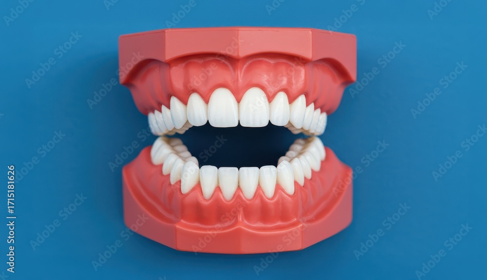 Obraz premium Teeth Model: A close-up view of a dental model showcases a perfect set of pristine white teeth set in a vibrant gum line, all against a serene blue backdrop. 