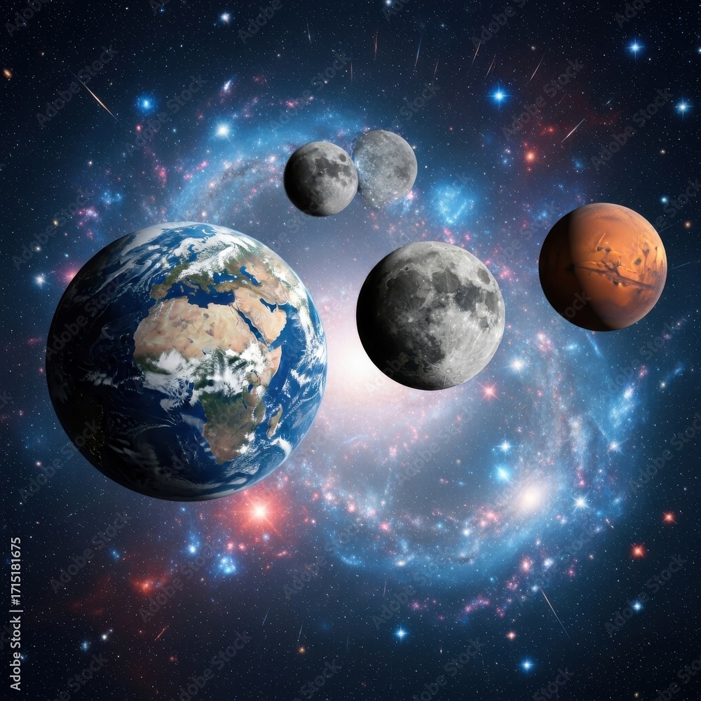Naklejka premium Cosmic planetary system with earth, moons and mars with stars backdrop