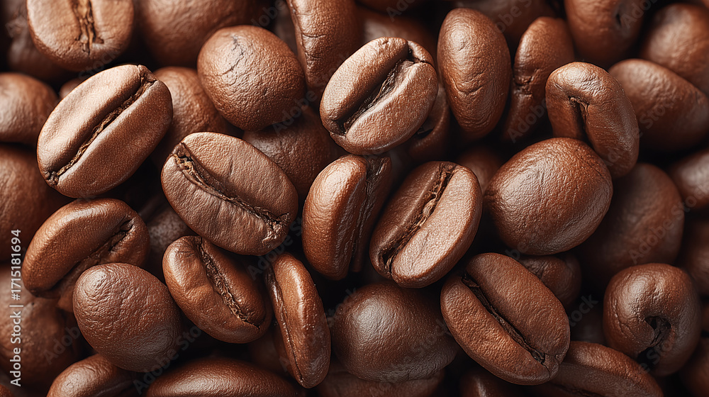Fototapeta premium Roasted brown coffee beans in a macro close-up, revealing the dark, aromatic seeds ready for a rich beverage