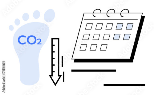 Footprint with CO2 text, downward arrow, and calendar symbolize sustainability, eco-conscious scheduling, environmental awareness, progress, carbon offset, emissions control. Ideal for green
