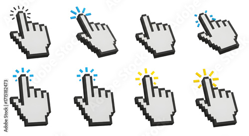 Computer mouse click cursor isolated on white background cursor icon click set. Pixelated 3D hand mouse, hand pointer