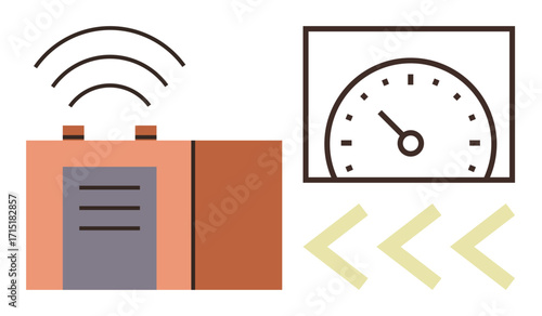 Wireless signal emitting from a compact device paired with a speed gauge and directional arrows. Ideal for communication, technology, progress, navigation, transportation, efficiency, simple flat