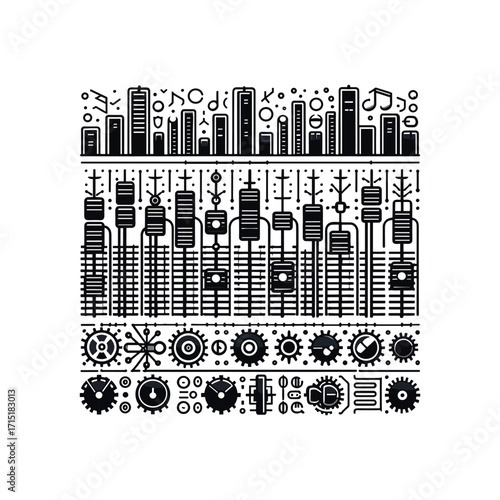 Abstract city skyline with sound wave and gears design