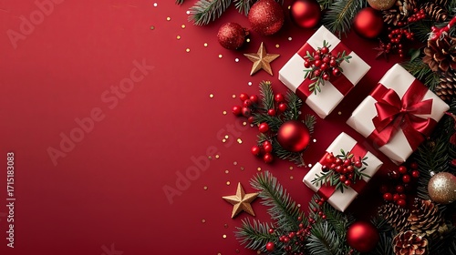 Minimalist Flat Lay Christmas Composition with Gift Boxes and Decorations on Red Background