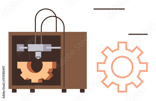 3D printer constructing orange gear inside brown casing, paired with outlined gear shape. Ideal for technology, innovation, industry, engineering, creativity, manufacturing future concepts. Simple