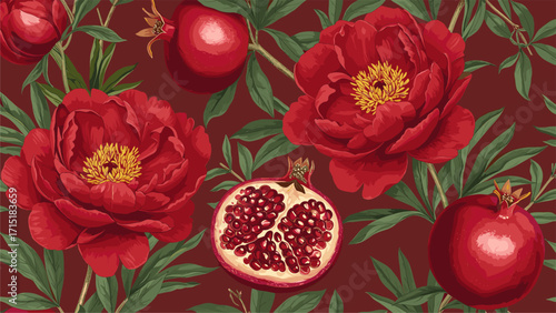 Elegant Red Peonies and Pomegranates Seamless Botanical Pattern