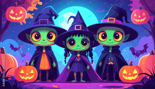 Halloween Witch Trio Under Moonlight with Carved Pumpkins and Bats in a Festive Night Scene