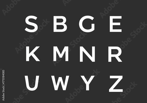Bold White Letters on Dark Gray Background Alphabetical Display.