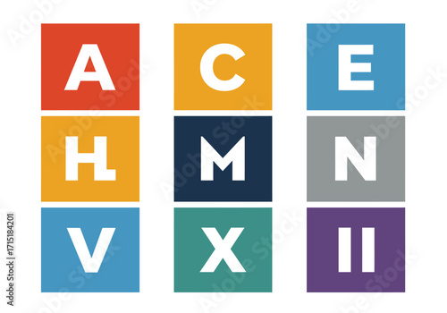 Colorful Alphabet and Symbol Grid on White Background.