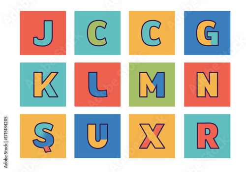 Colorful Alphabet Blocks with Letters J C G K L M N S U X and R.