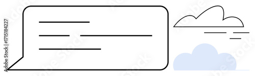 Speech bubble with horizontal lines suggesting text paired with outlined clouds. Ideal for communication, conversation, messaging, simplicity, creativity, thoughts, brainstorming. A minimalist flat