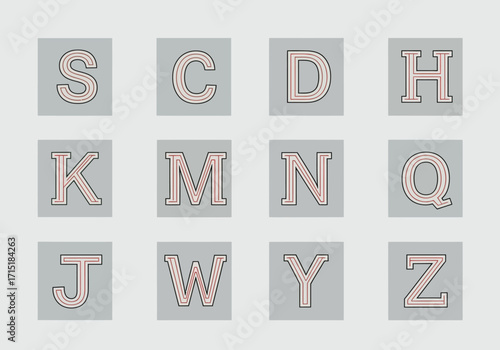 Decorative Alphabet Letters with Black Outline and Red Inner Line on Gray Background.