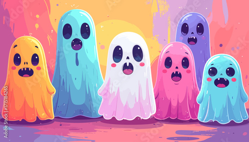 A playful and colorful gathering of adorable cartoon ghosts standing together against a vibrant, whimsical background