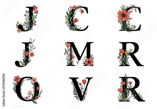 Floral Alphabet Set Decorative Letters J C M R O V with Flowers and Leaves.