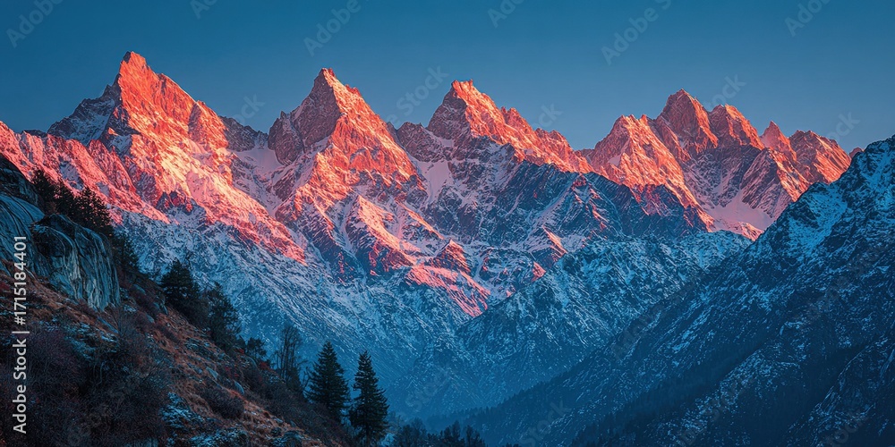Obraz premium Majestic Snow-capped Peaks at Sunrise with Golden Alpine Glow, Dramatic Mountain Landscape for Adventure Tourism and Wall Art Decor