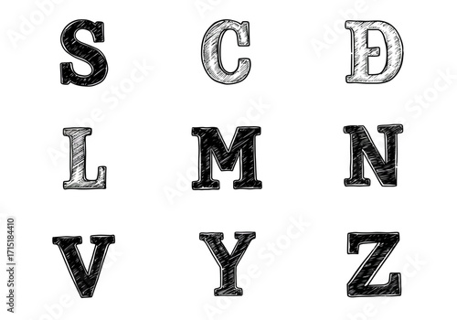 HandDrawn Alphabet Letters S C D L M N V Y Z in Black and White 1.