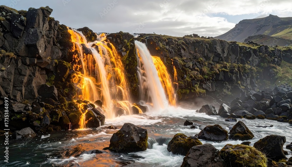 Obraz premium Fiery Waterfall Cascading Down Dark Volcanic Rocks
